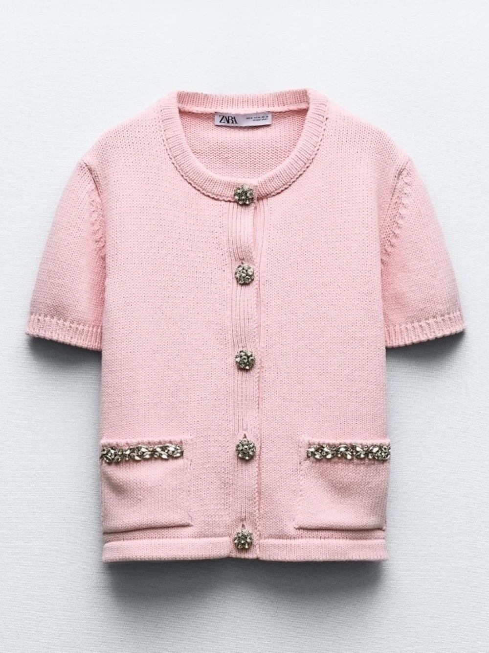 Zara Pink Short-Sleeve Knit Cardigan with Jewel Buttons